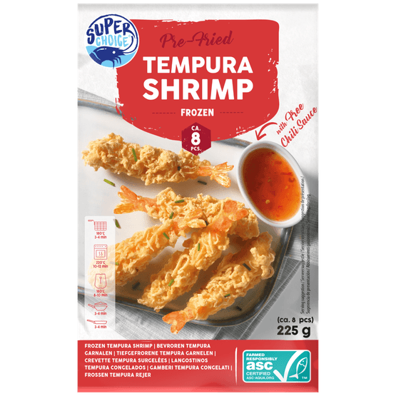 Foto van Super choice Tempura shrimps met chilisaus op witte achtergrond
