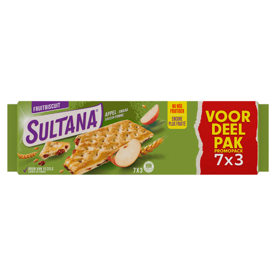 Foto van Sultana Fruitbiscuit appel voordeelpak 7x3 st. op witte achtergrond
