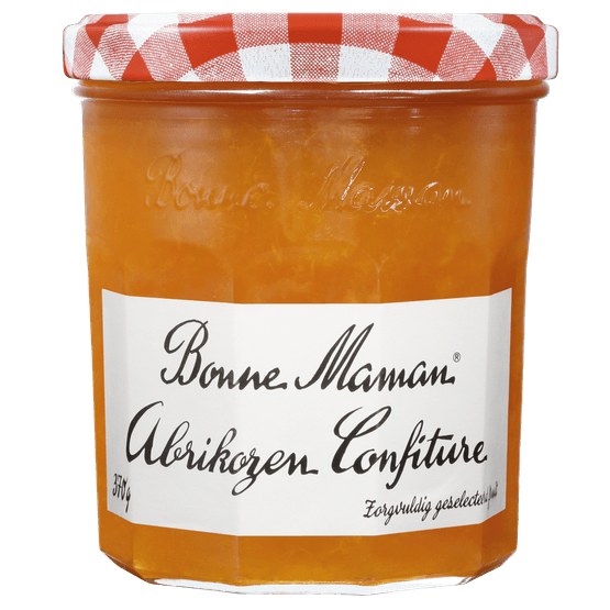 Foto van Bonne Maman Confiture abrikozen op witte achtergrond