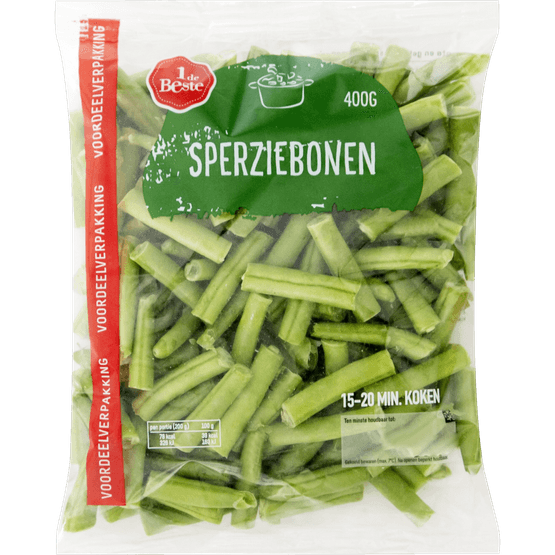 Foto van 1 de Beste Sperziebonen gebroken voordeel verpakking op witte achtergrond