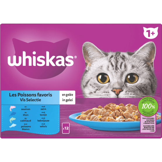 Foto van Whiskas Kattenvoer vis selectie gelei  1+ jaar op witte achtergrond