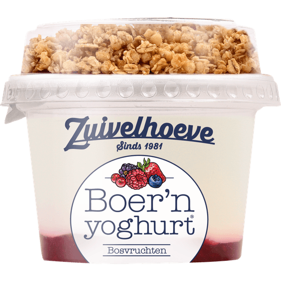 Foto van Zuivelhoeve Boern yoghurt muesli bosvruchten op witte achtergrond