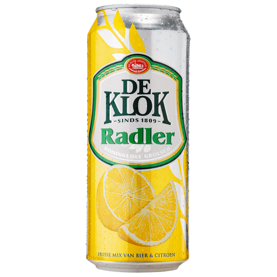 Foto van De Klok Radler citroen op witte achtergrond