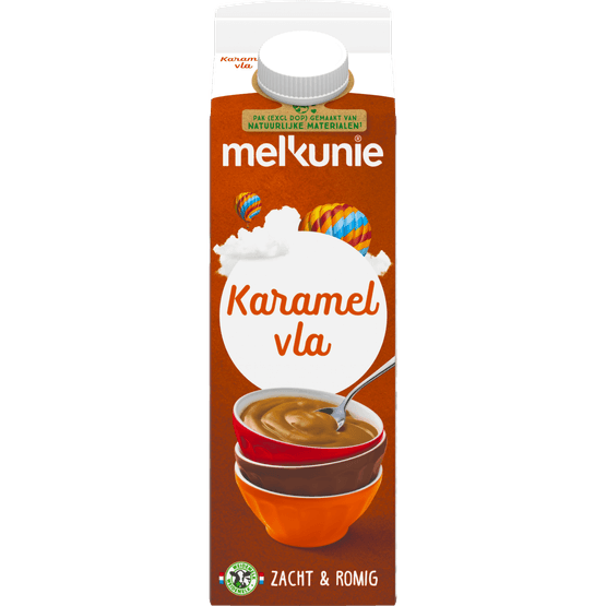 Foto van Melkunie Karamel vla op witte achtergrond
