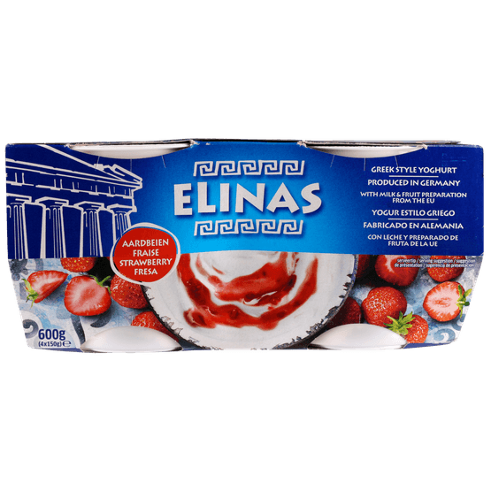 Foto van Elinas Yoghurt griekse stijl aardbei 4 stuks op witte achtergrond