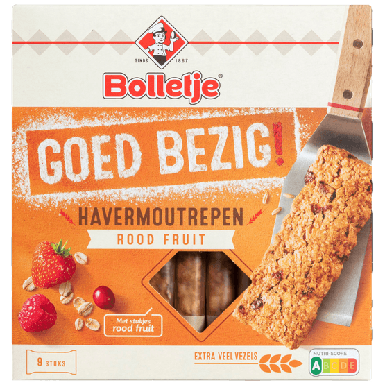 Foto van Bolletje Goed bezig stevige reep rood fruit 9 stuks op witte achtergrond