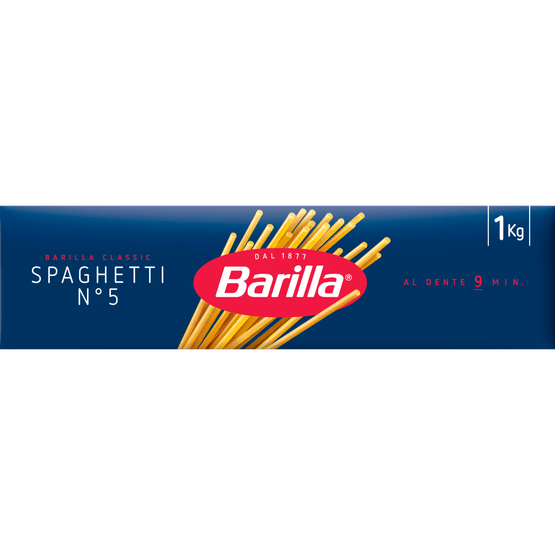 Foto van Barilla Spaghetti n.5 op witte achtergrond