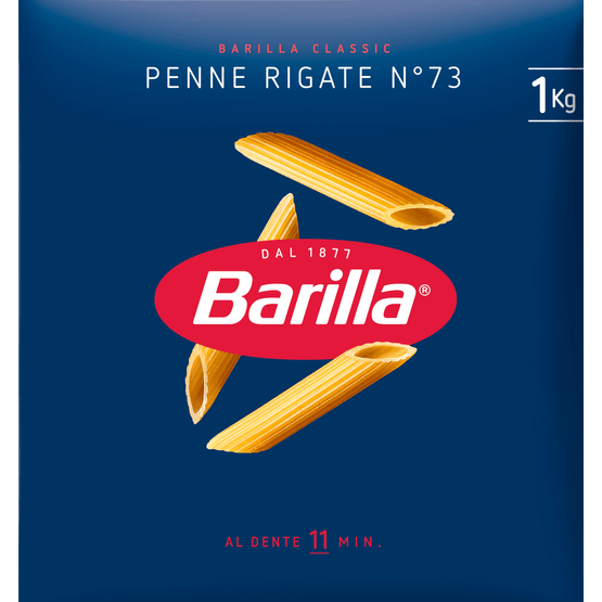 Foto van Barilla Penne rigate n.73 op witte achtergrond