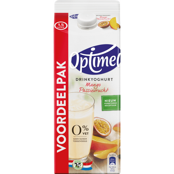 Foto van Optimel Drinkyoghurt mango passievrucht op witte achtergrond