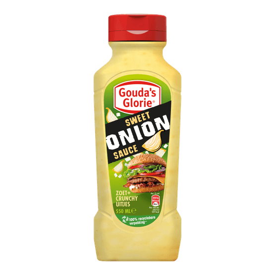 Foto van Gouda's Glorie sweet onion saus op witte achtergrond
