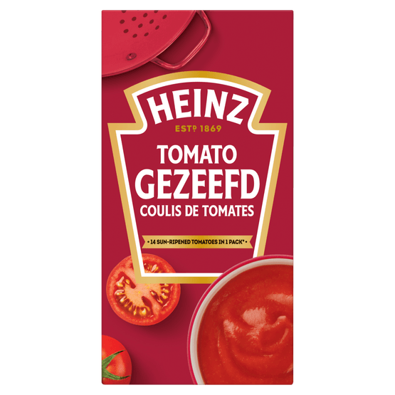 Foto van Heinz Tomaten gezeefd op witte achtergrond
