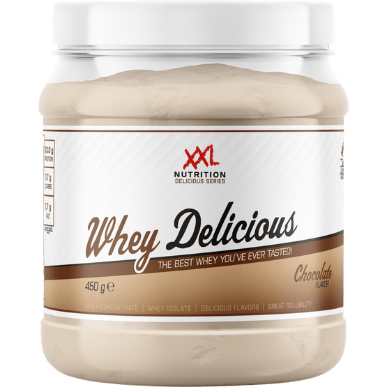 Foto van XXL NUTRITION Whey delicious chocolate op witte achtergrond