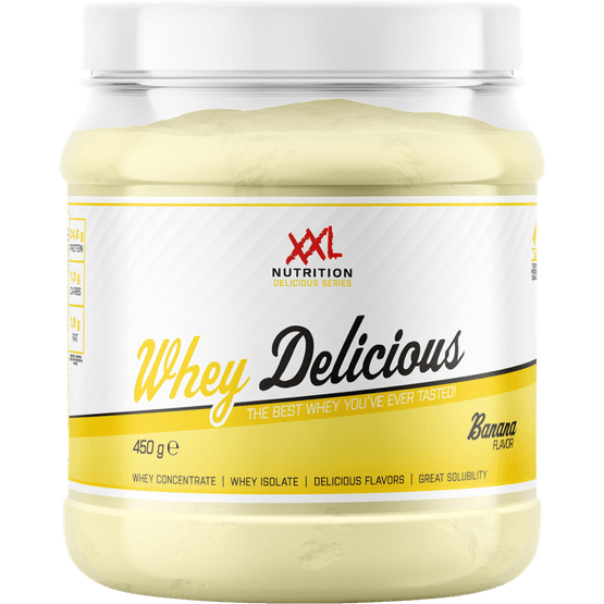 Foto van XXL NUTRITION Whey delicious banaan op witte achtergrond