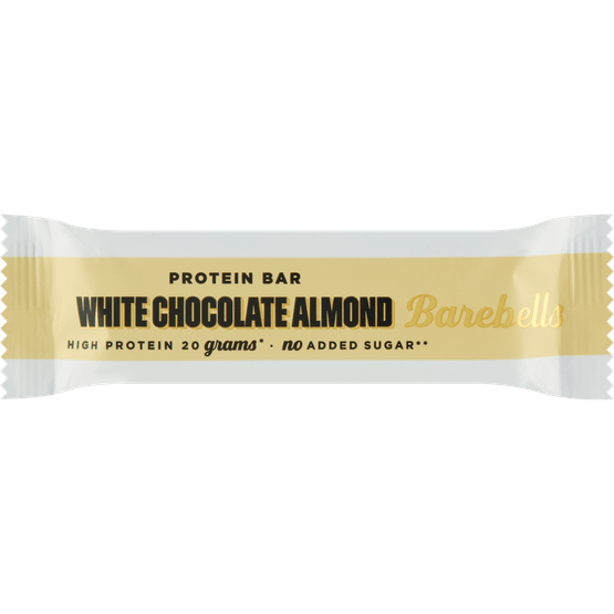 Foto van Barebells White chocolate almond op witte achtergrond