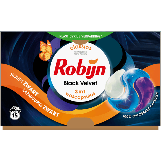 Foto van Robijn Vloeibaar wasmiddel 3 in 1 caps. Black velvet op witte achtergrond