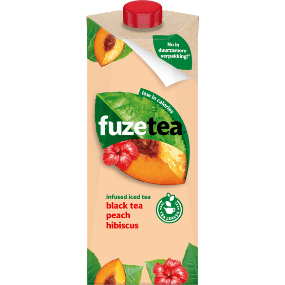 Foto van Fuze tea Black tea Perzik hibiscus op witte achtergrond