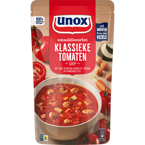 Foto van Unox Soep in zak klassieke tomatensoep op witte achtergrond