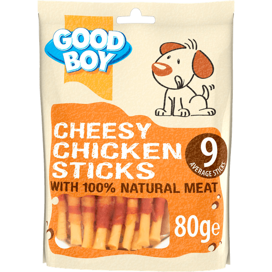 Foto van Good Boy Hondensnacks cheesy chicken sticks op witte achtergrond