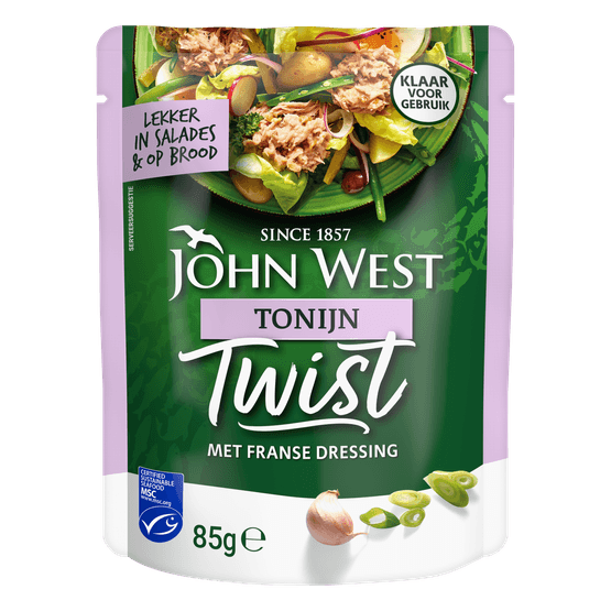 Foto van John West Tonijn twist met franse dressing op witte achtergrond