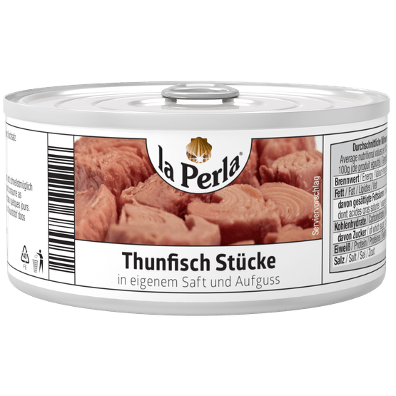 Foto van La Perla Tonijnstukken in water op witte achtergrond