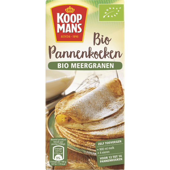 Foto van Koopmans Bio pannenkoekmix meergranen op witte achtergrond