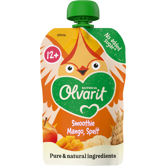 Foto van Olvarit 12m436 smoothie mango spelt op witte achtergrond