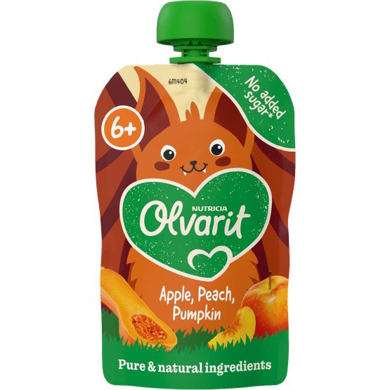 Foto van Olvarit 6m404 appel-perzik-pompoen op witte achtergrond