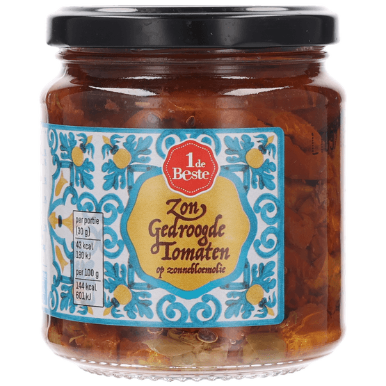 Foto van 1 de Beste Zongedroogde tomaatjes op olie op witte achtergrond