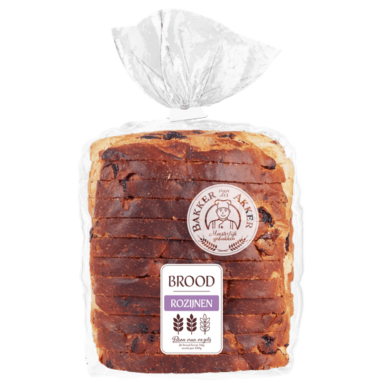 Foto van Bakker van der Akker Rozijnenbrood half op witte achtergrond