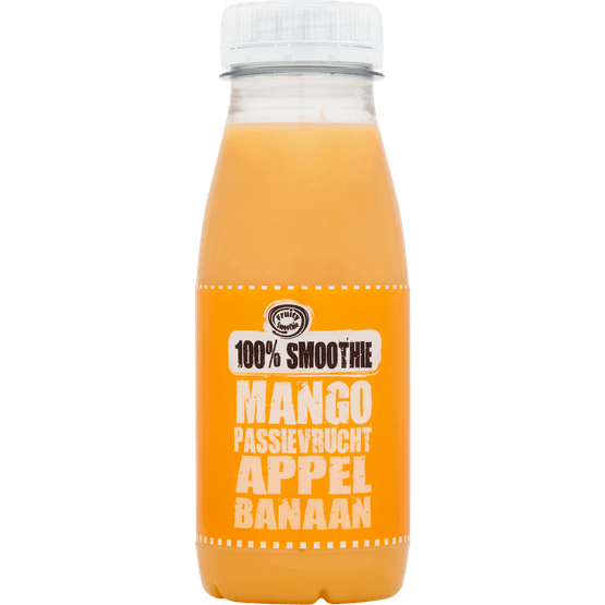 Foto van Fruity Smoothie 100% smoothie mango op witte achtergrond