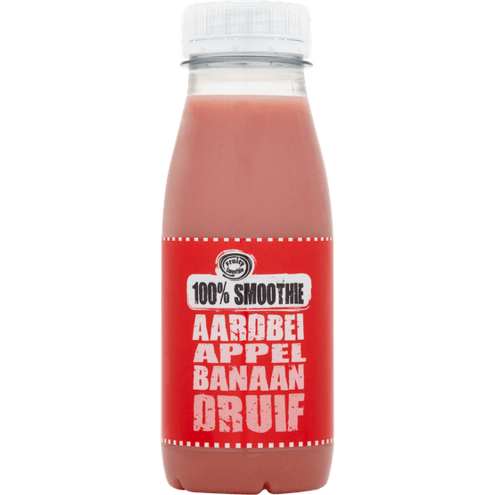 Foto van Fruity Smoothie 100% smoothie aardbei op witte achtergrond