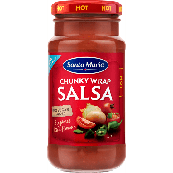 Foto van Santa Maria Chunky salsa hot op witte achtergrond