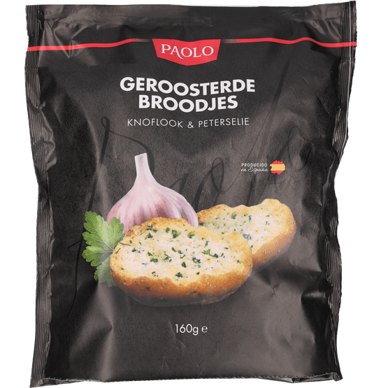 Foto van Paolo Knoflook broodjes geroosterd op witte achtergrond