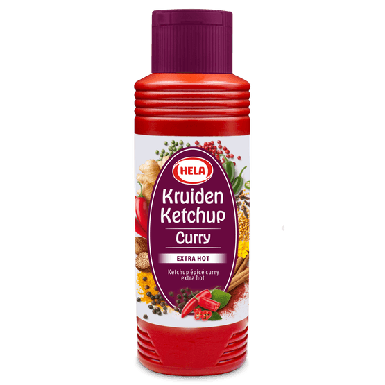 Foto van Hela Kruiden ketchup curry extra hot op witte achtergrond