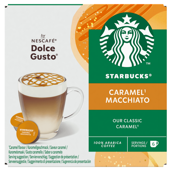 Foto van Starbucks Koffiecups dolce gusto caramel macchiato op witte achtergrond