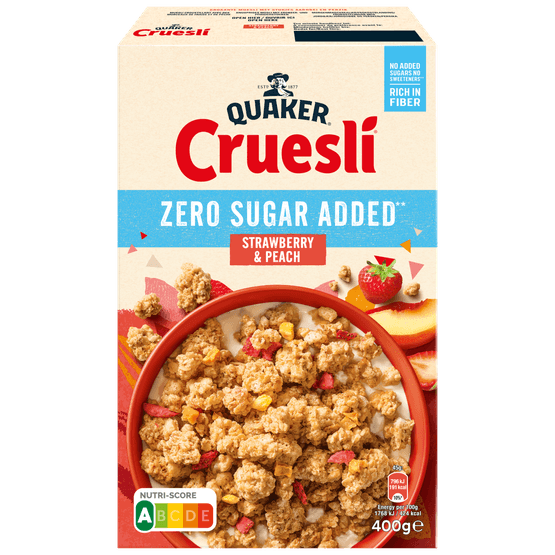 Foto van Quaker Cruesli strawberry & peach zero sugar op witte achtergrond