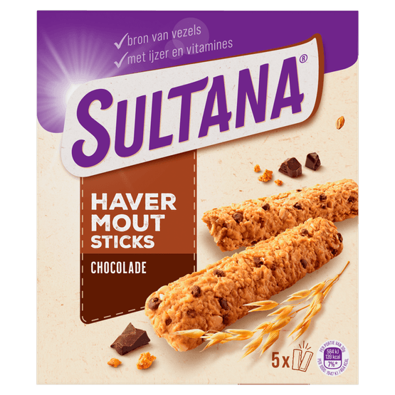 Foto van Sultana Oat sticks chocolate 5 st. op witte achtergrond