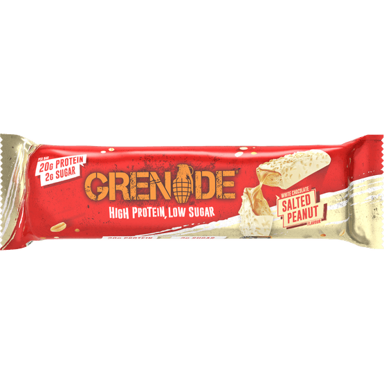 Foto van Grenade Protein bar white choc. salt. peanut op witte achtergrond