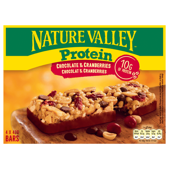 Foto van Nature Valley Protein berries en chocolade op witte achtergrond