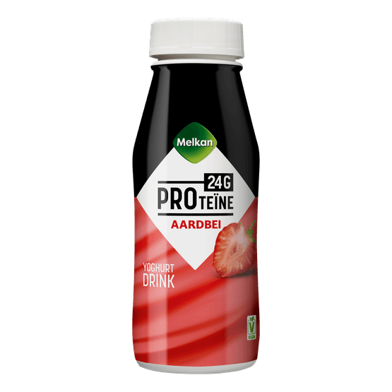 Foto van Melkan Yoghurt drink aardbei op witte achtergrond