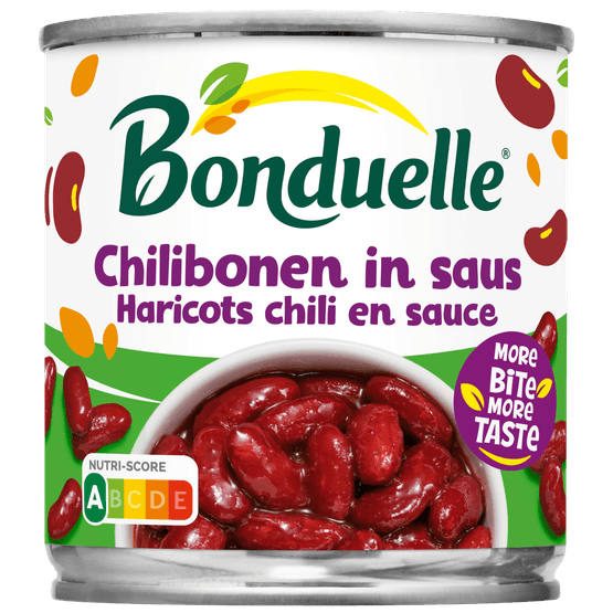 Foto van Bonduelle Chilibonen in saus op witte achtergrond