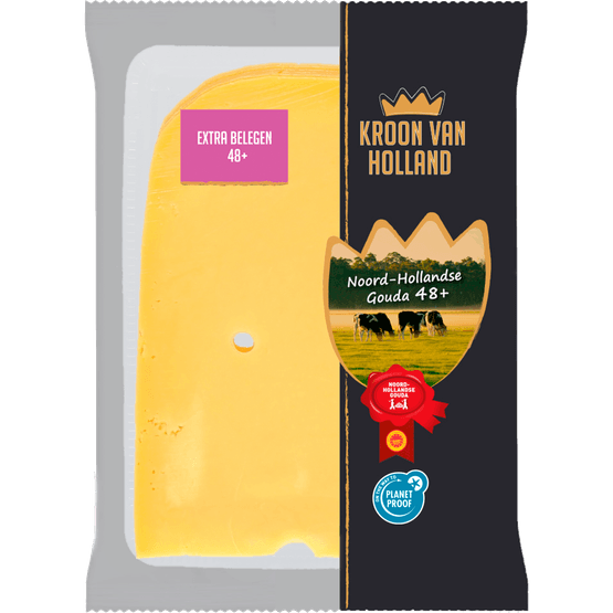 Foto van Kroon van Holland Extra belegen kaas 48+ plakken op witte achtergrond
