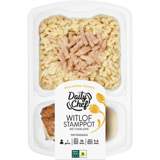 Foto van Daily Chef Witlof stamppot met hamlapje en kaassaus op witte achtergrond