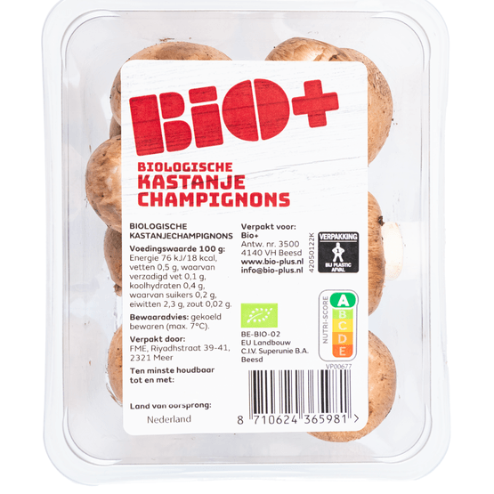 Foto van Bio+ Kastanje champignons per bak op witte achtergrond