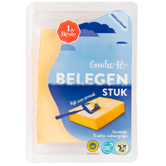 Foto van 1 de Beste Belegen kaas 48+ stuk op witte achtergrond