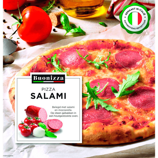 Foto van Buonizza Pizza salami op witte achtergrond