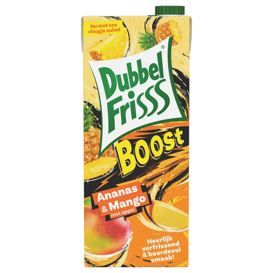 Foto van Dubbelfrisss Ananas mango boost op witte achtergrond