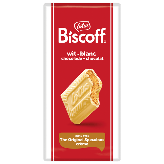 Foto van Lotus Chocoladereep wit met speculooscreme op witte achtergrond