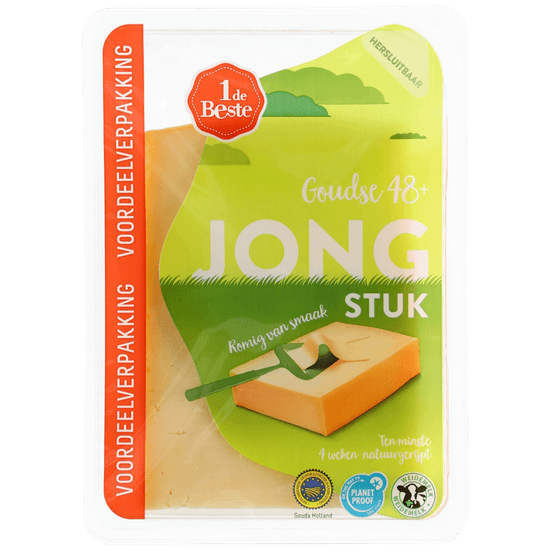 Foto van 1 de Beste Jonge kaas 48+ stuk op witte achtergrond