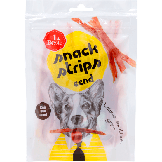 Foto van 1 de Beste Hondensnacks strips eend op witte achtergrond